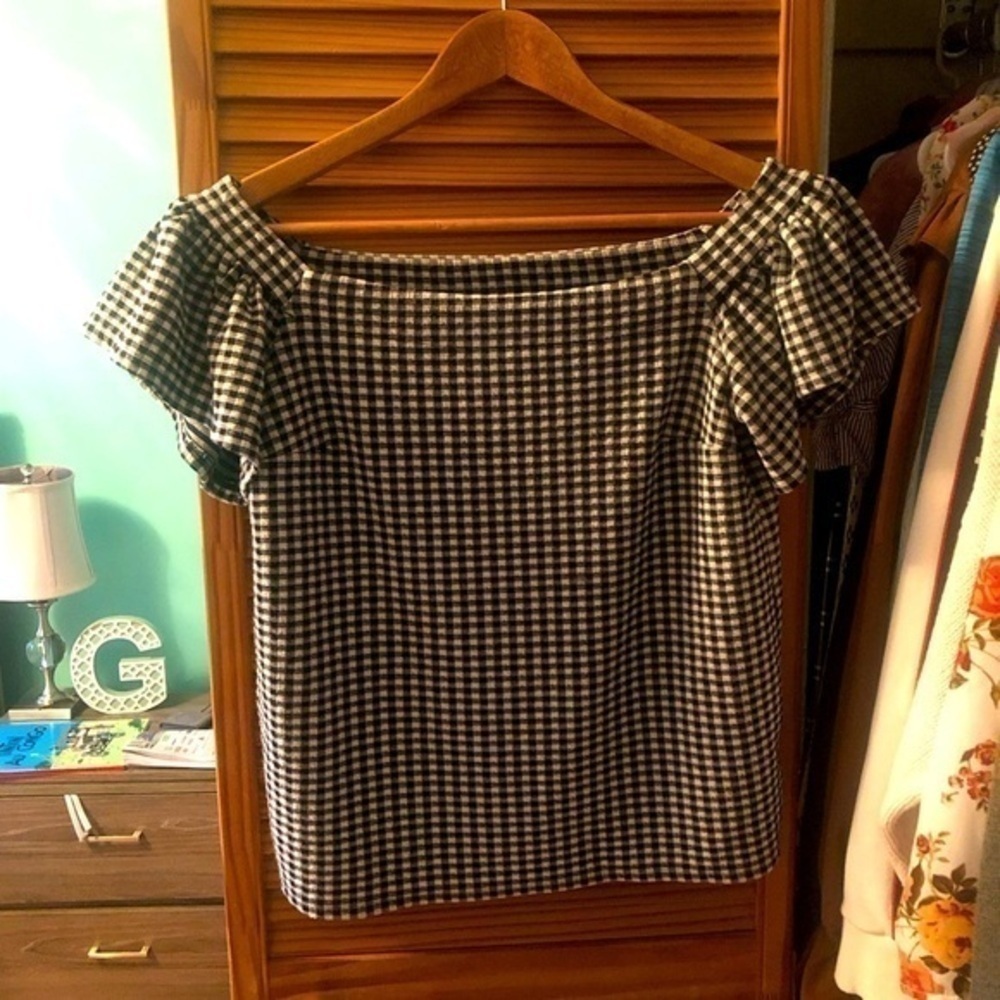Express Black & White Gingham Off The Shoulder Top
